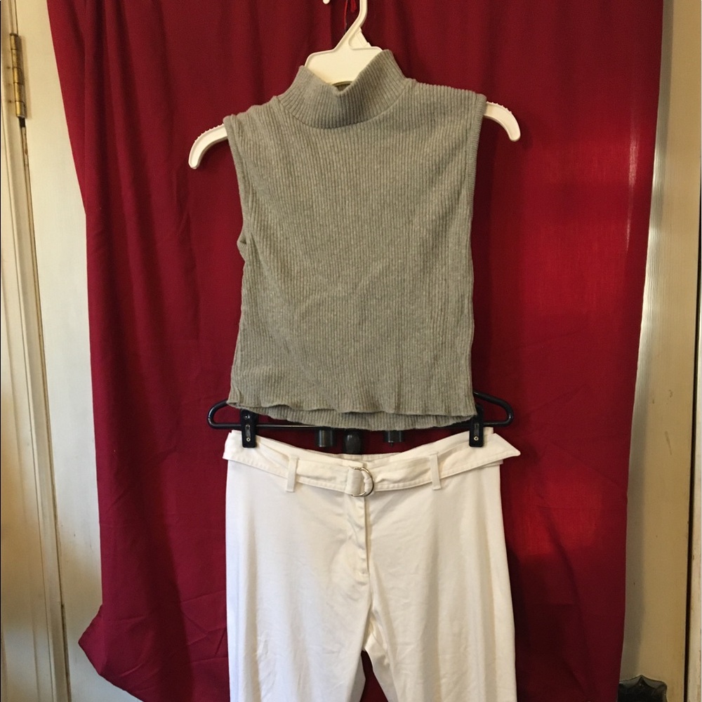 Vintage 80’s Gray Ribbed Mock T-neck Sleeveless crop Summer Sweater Made USA🇺🇸